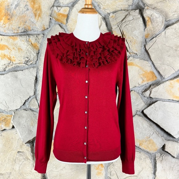 Lauren Ralph Lauren Sweaters - Lauren Ralph Laure Silk Ruffle Cardigan Sweater Cardinal | S
